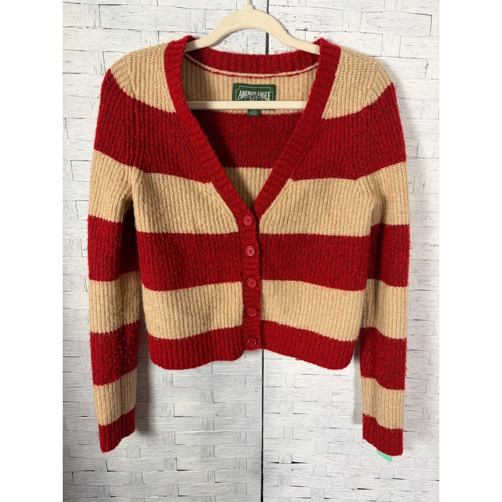 American Eagle Women Cardigan Red Tan Striped Button Front Cropped Sweater Cozy